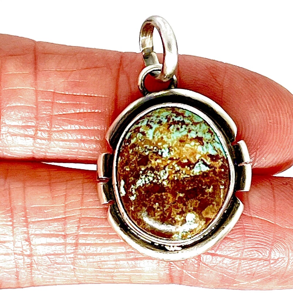 Navajo‎ Natural Turquoise Pendant 1.25 in Skeets Round Sterling Matte Patina USA
